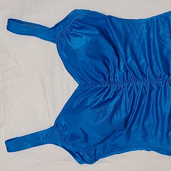 1980s Maxine of Hollywood Turquoise Blue One Piece Ruched Swimsuit Sz 14 - Picture 2 of 13